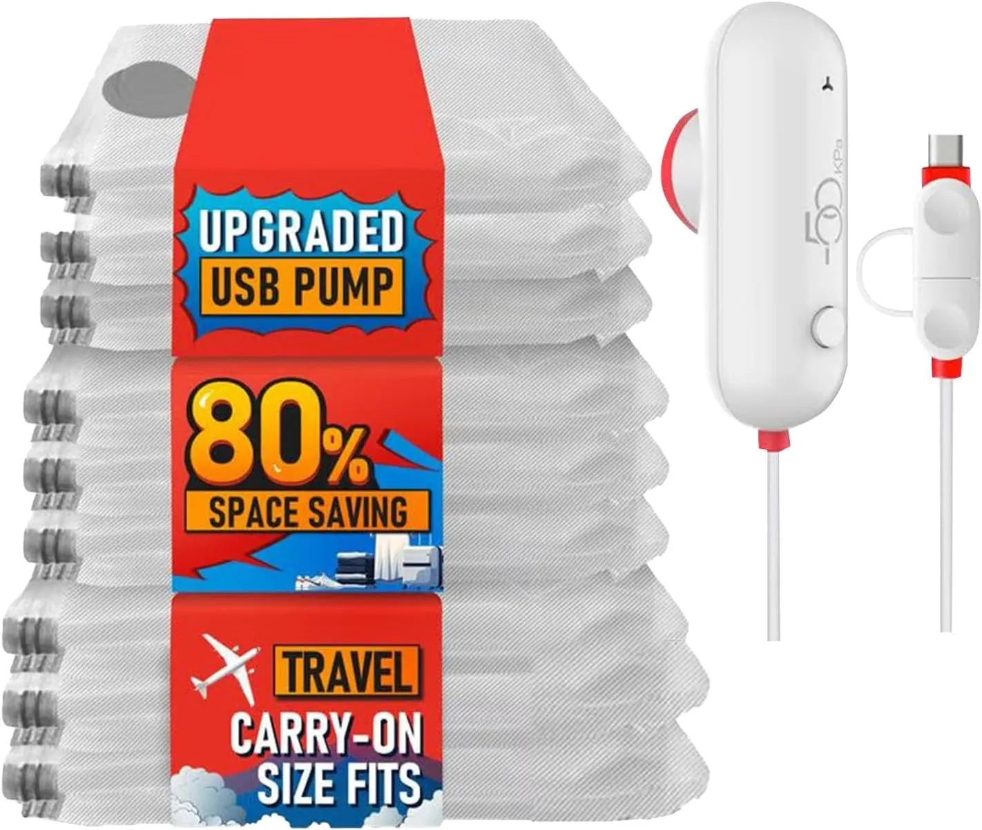 Travel Vacuum Storage Bags With High Pressure Electric Pump, 8 Pack Compression Sealing for Clothes and Clothing Luggage Suitcase Packing Space Saving, Carry-on Travel Size