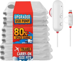 Travel Vacuum Storage Bags With High Pressure Electric Pump, 8 Pack Compression Sealing for Clothes and Clothing Luggage Suitcase Packing Space Saving, Carry-on Travel Size