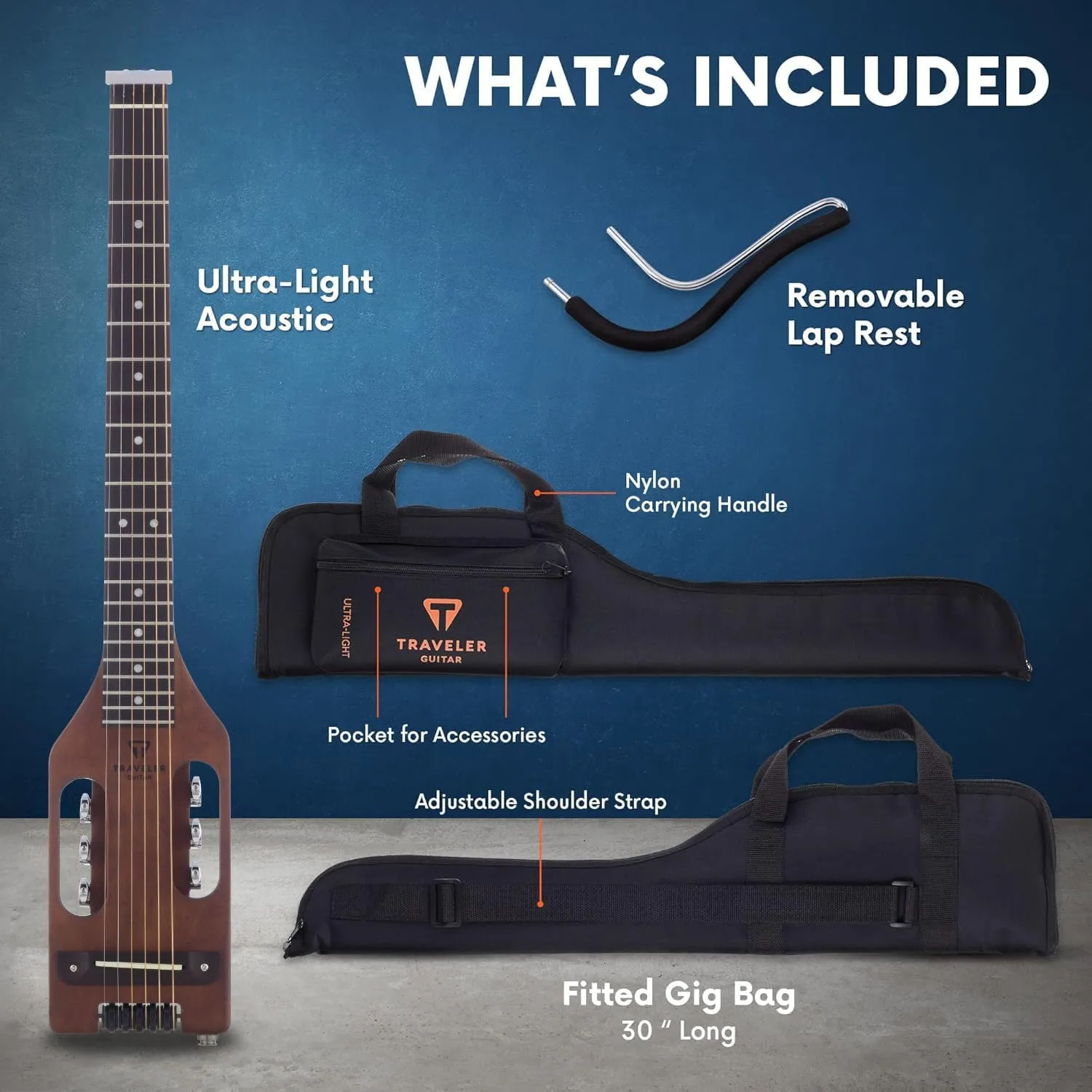 Traveler Guitar Ultra-Light Acoustic Guitar Antique Brown Left-Handed | Portable Acoustic with Removable Lap Rest | Full 24 3/4" Scale Headless Guitar | Custom Gig Bag Included