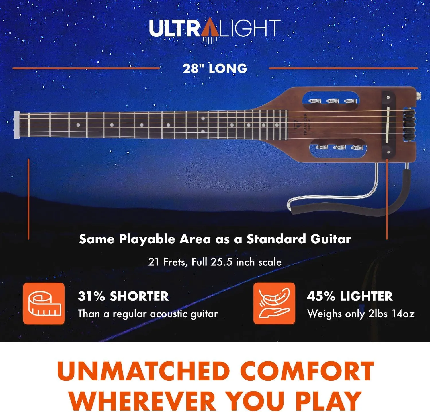 Traveler Guitar Ultra-Light Acoustic Guitar Antique Brown Left-Handed | Portable Acoustic with Removable Lap Rest | Full 24 3/4" Scale Headless Guitar | Custom Gig Bag Included