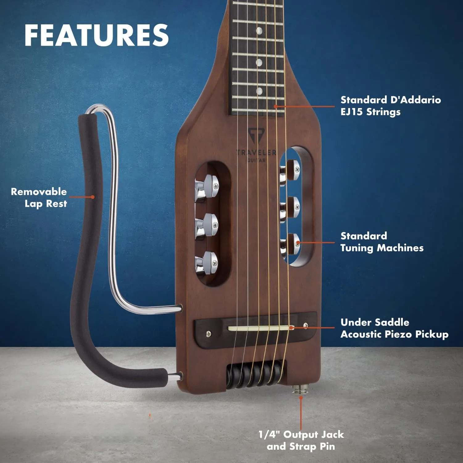 Traveler Guitar Ultra-Light Acoustic Guitar Antique Brown Left-Handed | Portable Acoustic with Removable Lap Rest | Full 24 3/4" Scale Headless Guitar | Custom Gig Bag Included