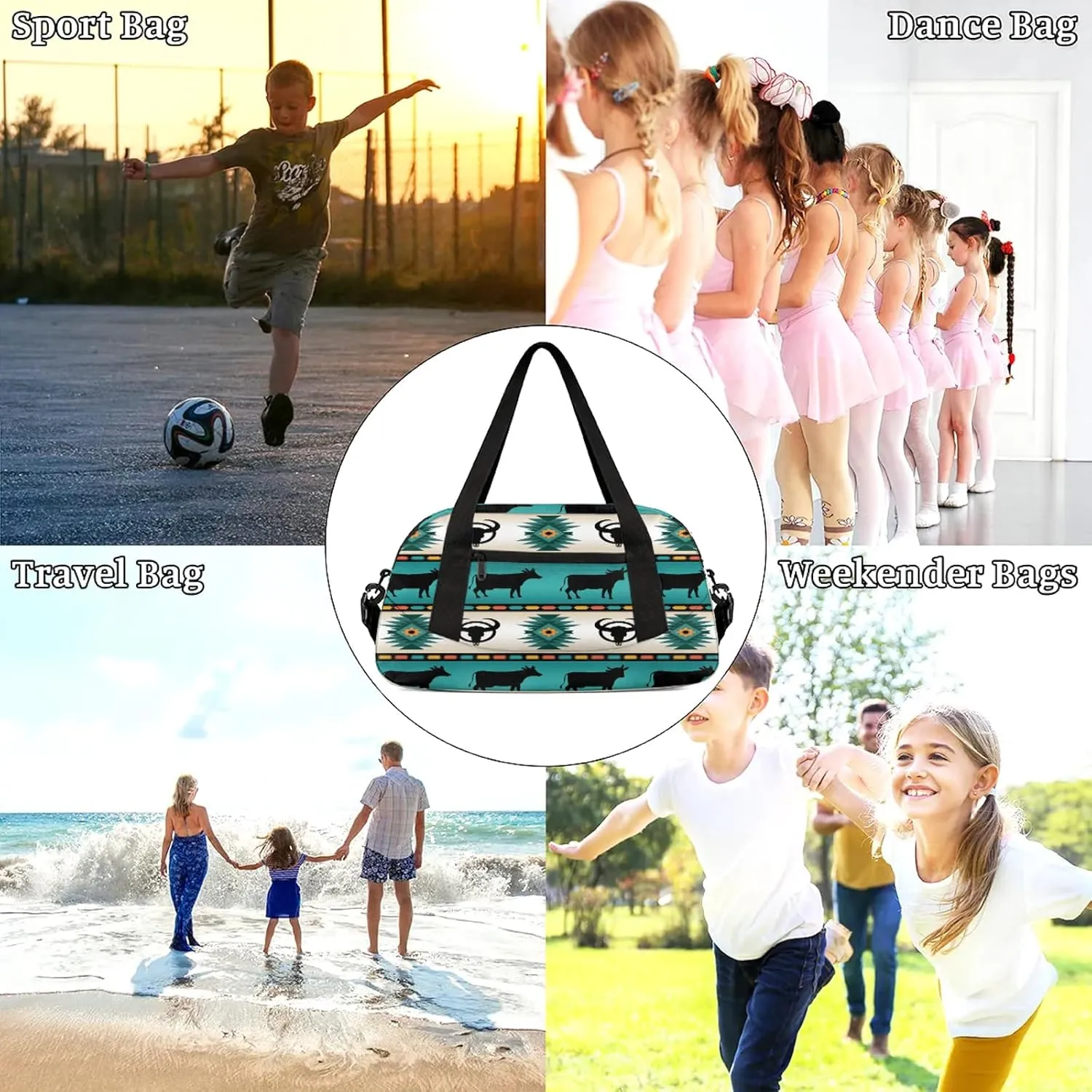 Tribe Cow Pattern Kids Duffel Bag Lightweight Waterproof Sports Gym Bag with Front Zipper Pocket Foldable Weekender Overnight Bag for School Practice Gymnastic Ballet