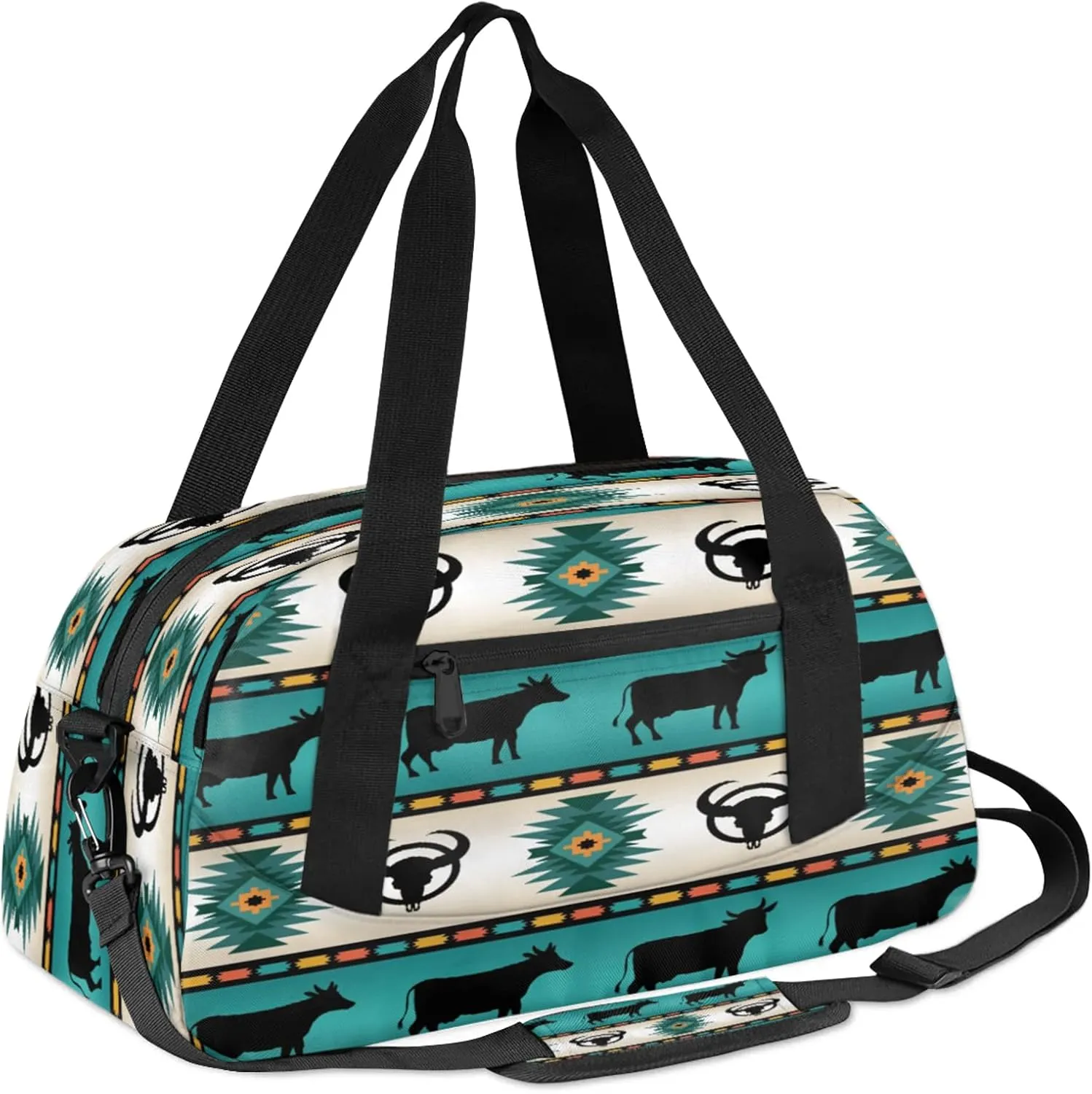 Tribe Cow Pattern Kids Duffel Bag Lightweight Waterproof Sports Gym Bag with Front Zipper Pocket Foldable Weekender Overnight Bag for School Practice Gymnastic Ballet