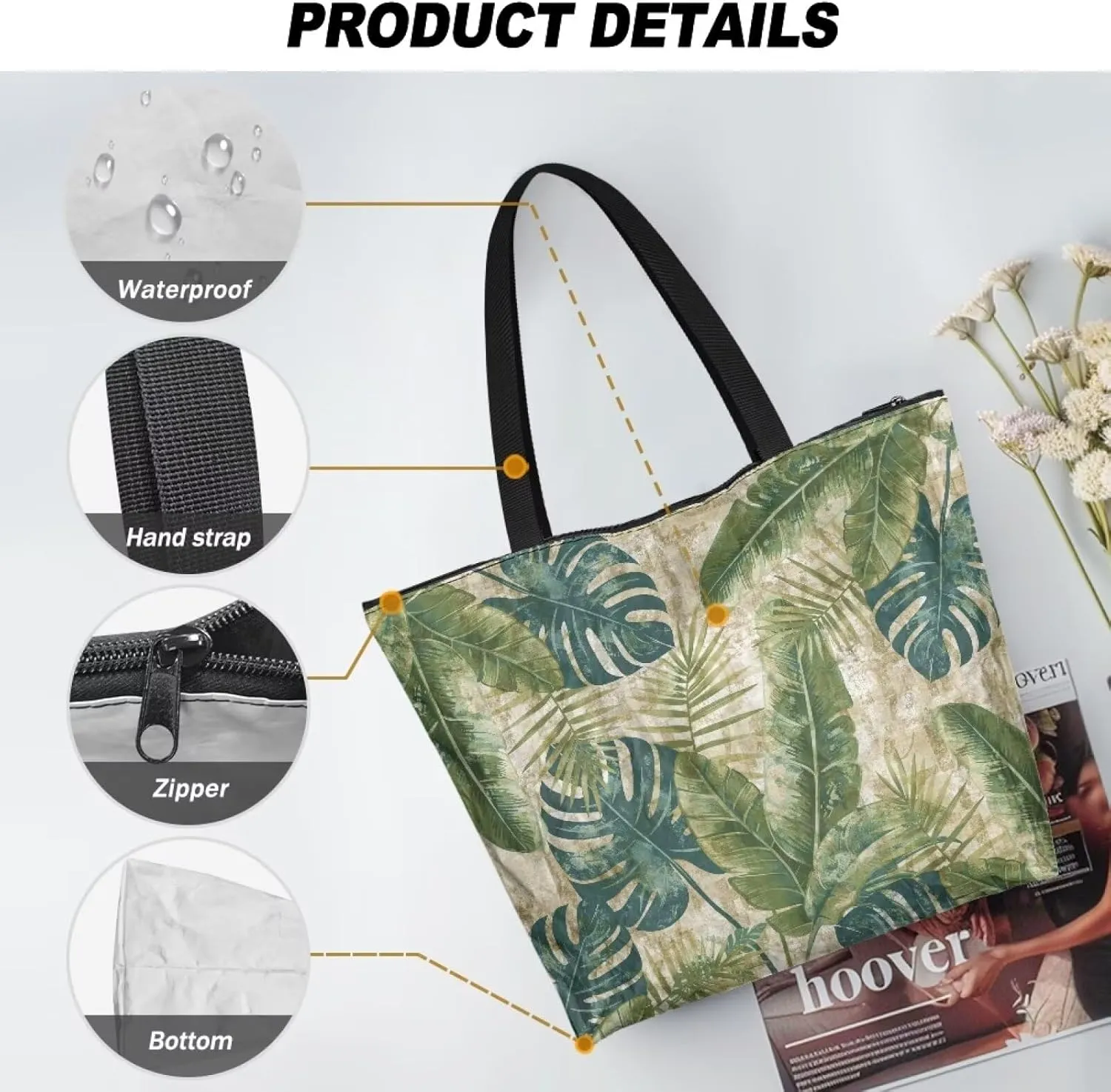 Tropical Waterproof Paper Tote Bag for Women, Hawaii Style Zipper Eco Work Tote Handbag Shoulder Bag for Travel