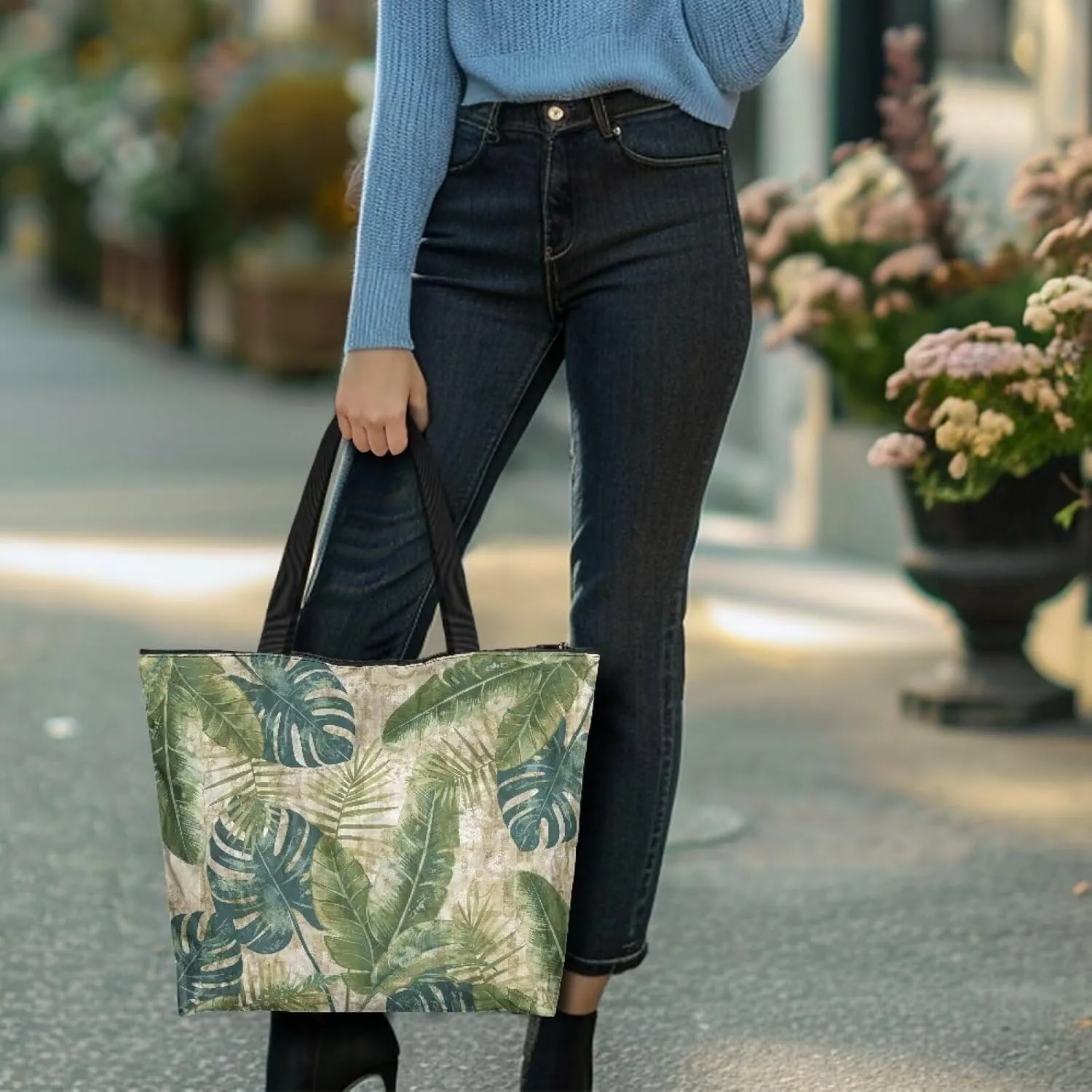 Tropical Waterproof Paper Tote Bag for Women, Hawaii Style Zipper Eco Work Tote Handbag Shoulder Bag for Travel