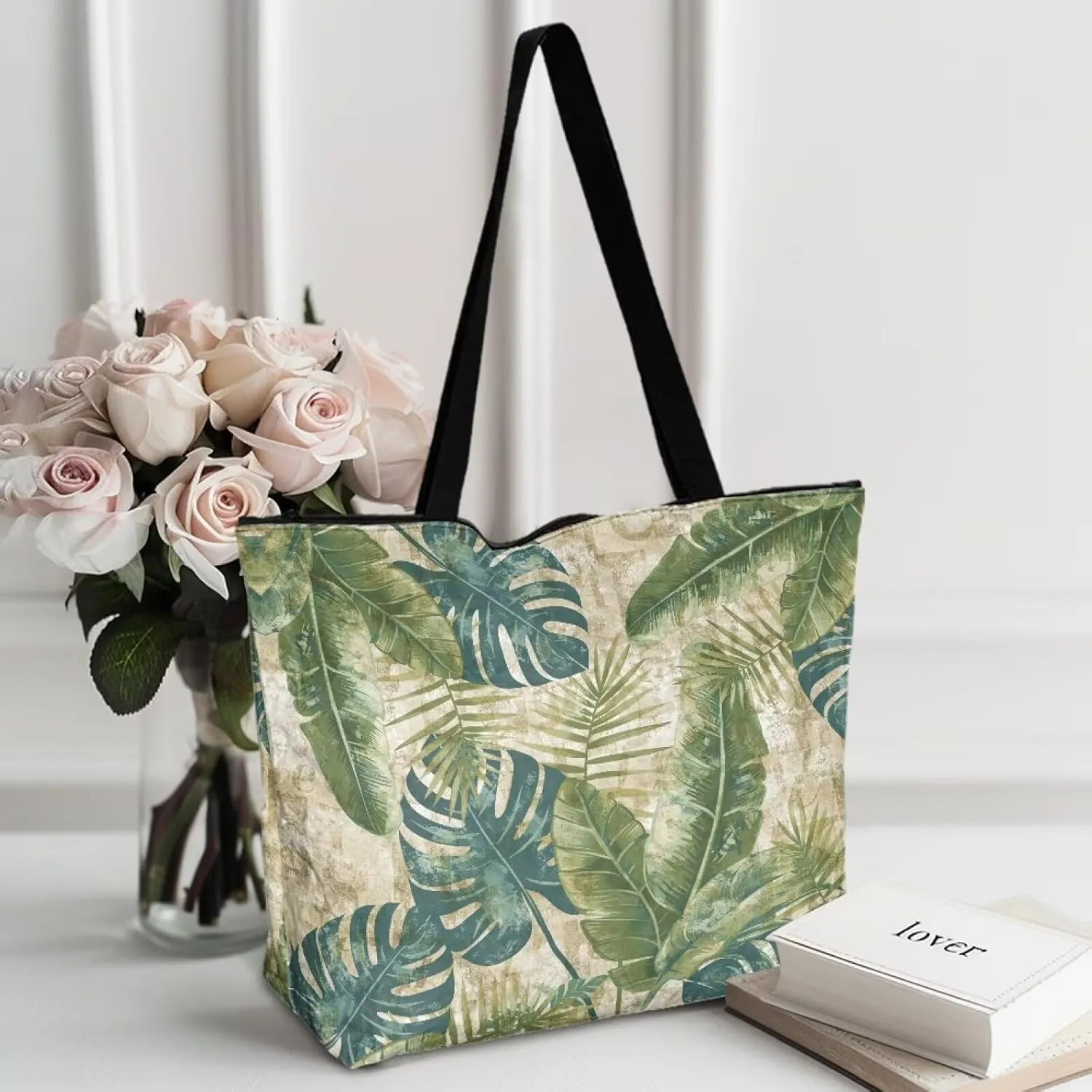 Tropical Waterproof Paper Tote Bag for Women, Hawaii Style Zipper Eco Work Tote Handbag Shoulder Bag for Travel