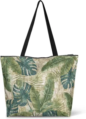 Tropical Waterproof Paper Tote Bag for Women, Hawaii Style Zipper Eco Work Tote Handbag Shoulder Bag for Travel