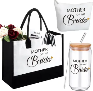 Tudomro 3 Pcs Mother of the Groom Bride Bridal Shower Wedding Gift Canvas Tote Bag Makeup Bag Glass Cup with Lid Straw(Retro Style)