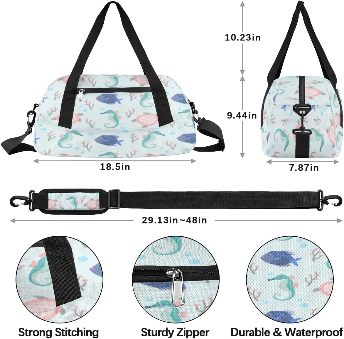 Turtles Fish Pattern Gym Bag, Duffle Bag, Weekender Bag, Duffel Bag, Overnight Bag, Travel Duffel Bag, Dance Bag, Tote Bag, Beach Bag, Pool Bag, Gym Duffle Bag, Carry on Bag