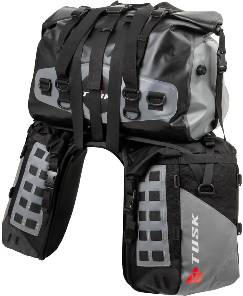 TUSK Highland X2 Rackless Luggage System w/Medium Dry Duffel Tail Bag Standard Heat Shield Black/Grey for Yamaha TENERE 700 2021-2024