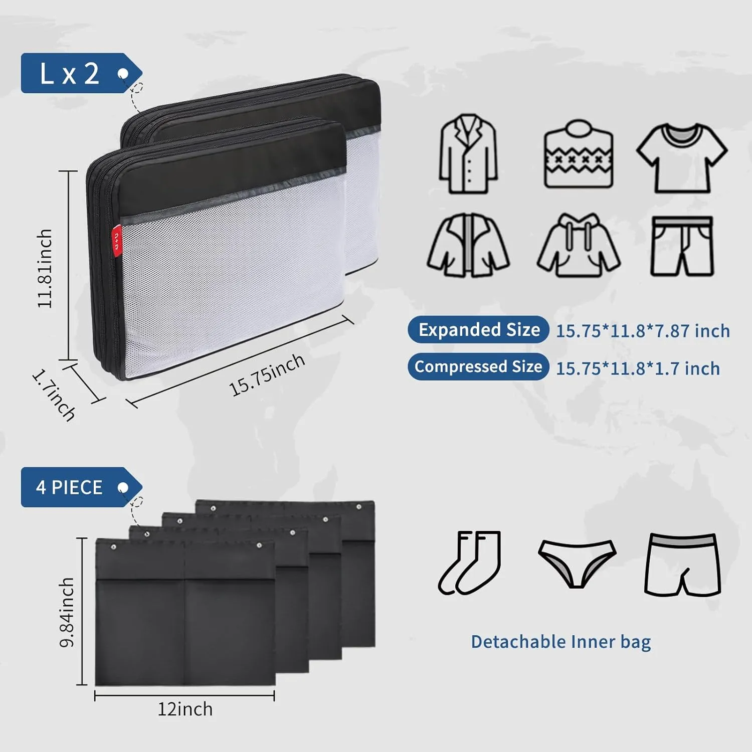 U U 2 Set Large Compression Packing Cubes for Travel, Double-Sided Compression Suitcase Organizer Bag, Expandable Travel Accessories for Separate Clean and Dirty Clothes (Black, 2 Set)