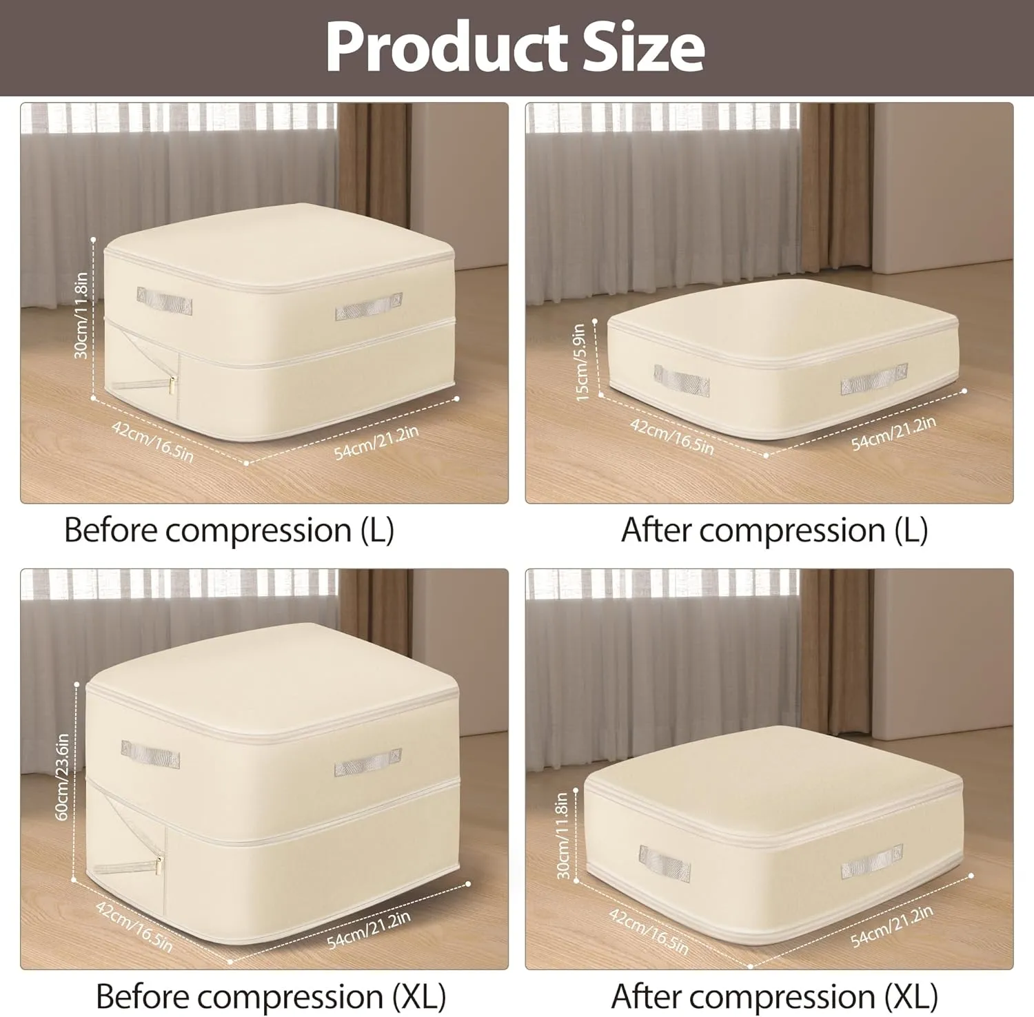 Ultra Space Saving Self Compression Organizer, 2 Pack Comforter Storage Bag, Clothes Storage Bag Bedding Storage with Zipper, Compression Bags for Storage (Beige, 2 Pack L (54 * 42 * 30CM))