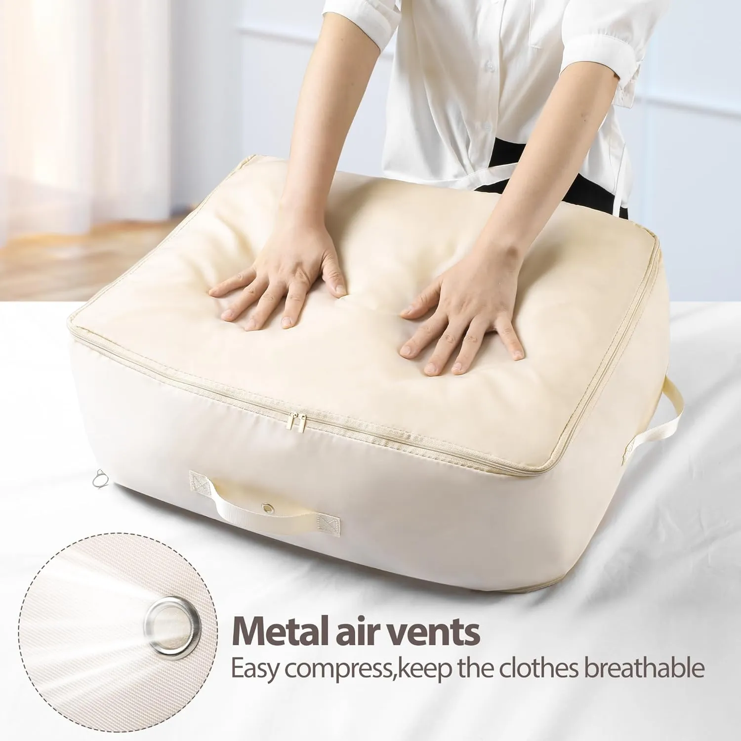 Ultra Space Saving Self Compression Organizer, 2 Pack Comforter Storage Bag, Clothes Storage Bag Bedding Storage with Zipper, Compression Bags for Storage (Beige, 2 Pack L (54 * 42 * 30CM))
