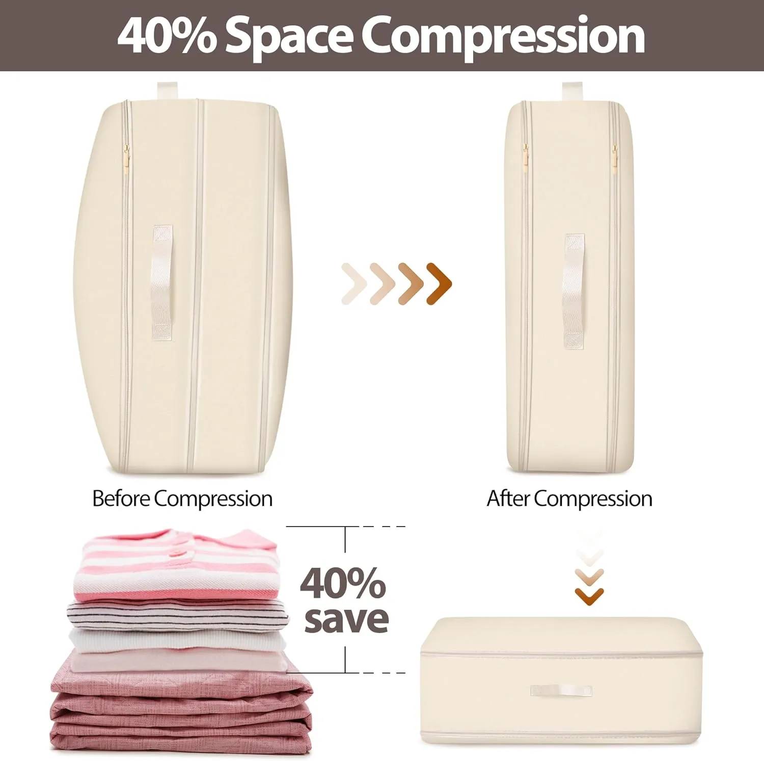 Ultra Space Saving Self Compression Organizer, 2 Pack Comforter Storage Bag, Clothes Storage Bag Bedding Storage with Zipper, Compression Bags for Storage (Beige, 2 Pack L (54 * 42 * 30CM))