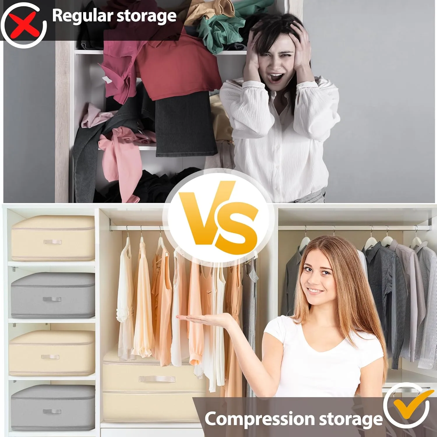 Ultra Space Saving Self Compression Organizer, 2 Pack Comforter Storage Bag, Clothes Storage Bag Bedding Storage with Zipper, Compression Bags for Storage (Beige, 2 Pack L (54 * 42 * 30CM))