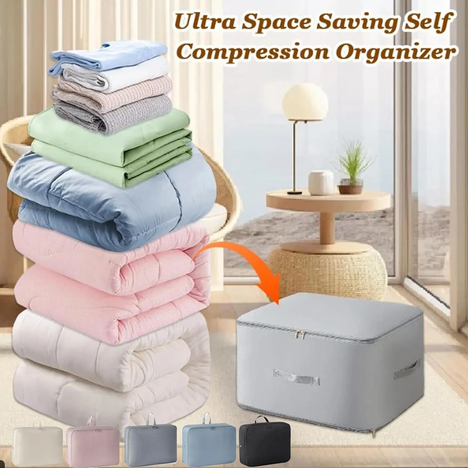 Ultra Space Saving Self Compression Organizer, Compression Duvet Storage Bag Large Capacity, Heavy Duty Moving Bags, Self Compression Moving Organizer Bags for Comforters, Clothes (GRAY,X-Large)