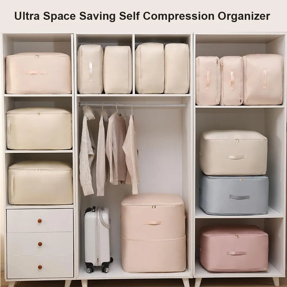 Ultra Space Saving Self Compression Organizer, Heavy Duty Moving Bags, Storage Tote for Space Saving, Self Compression Moving Organizer Bags for Comforters, Clothes, Blankets (Pink,L(54*42*30CM))