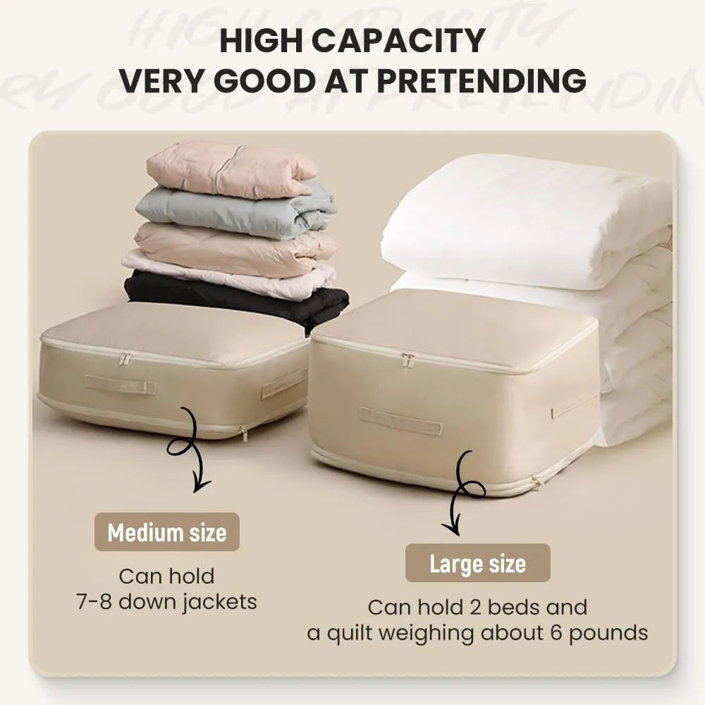 Ultra Space Saving Self Compression Organizer, Heavy Duty Self Compression Moving Organizer Bags, Storage Tote for Space Saving, Clothing Storage Bags for Comforters, Blankets, Bedding (Khaki, Large)