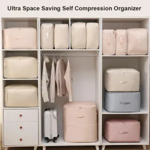 Ultra Space Saving Self Compression Organizer - Storage Tote for Space Saving, Heavy Duty Moving Bags, Self Compression Moving Organizer Bags for Comforters, Clothes, Blankets (Beige,XL(54*42*60CM))