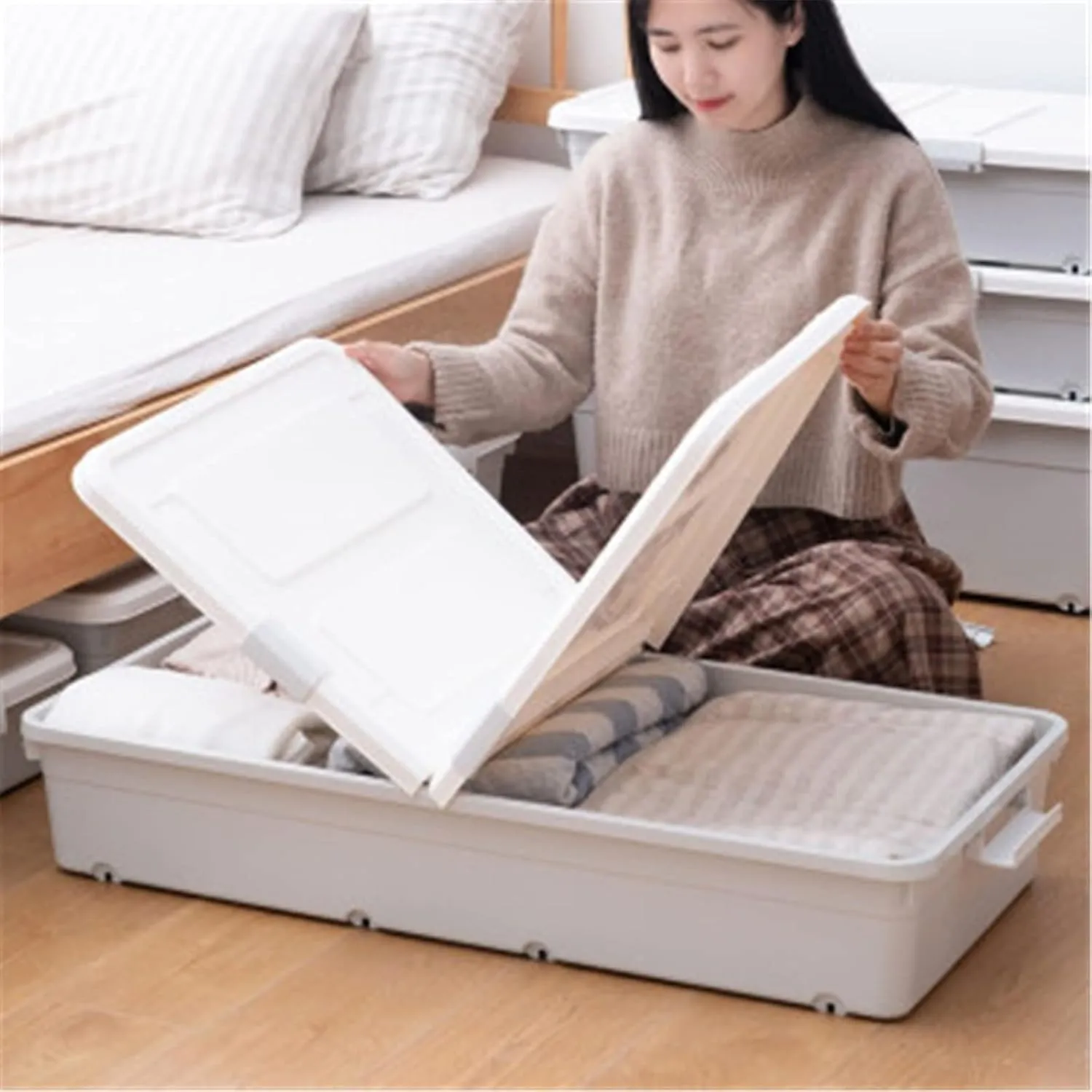 Under Bed Storage Under-bed Storage Box Plastic Wheeled Storage Box Cotton Quilt Under-bed Finishing Box for Blanket, Towels, Clothes