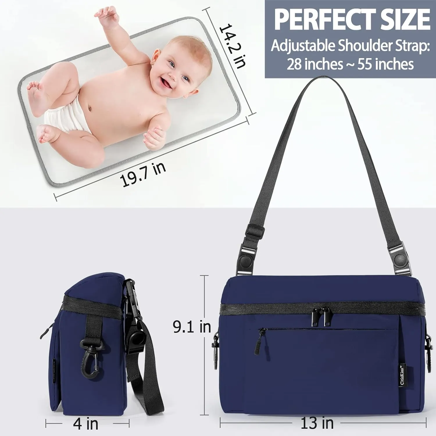 Universal Baby Stroller Organizer Large Space with Insulated Cup Holder Detachable Diaper Bag Adjustable Shoulder Strap Fits All Strollers (navy)