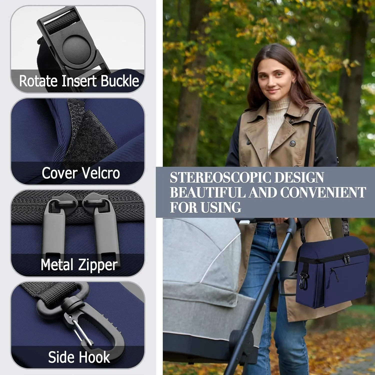 Universal Baby Stroller Organizer Large Space with Insulated Cup Holder Detachable Diaper Bag Adjustable Shoulder Strap Fits All Strollers (navy)