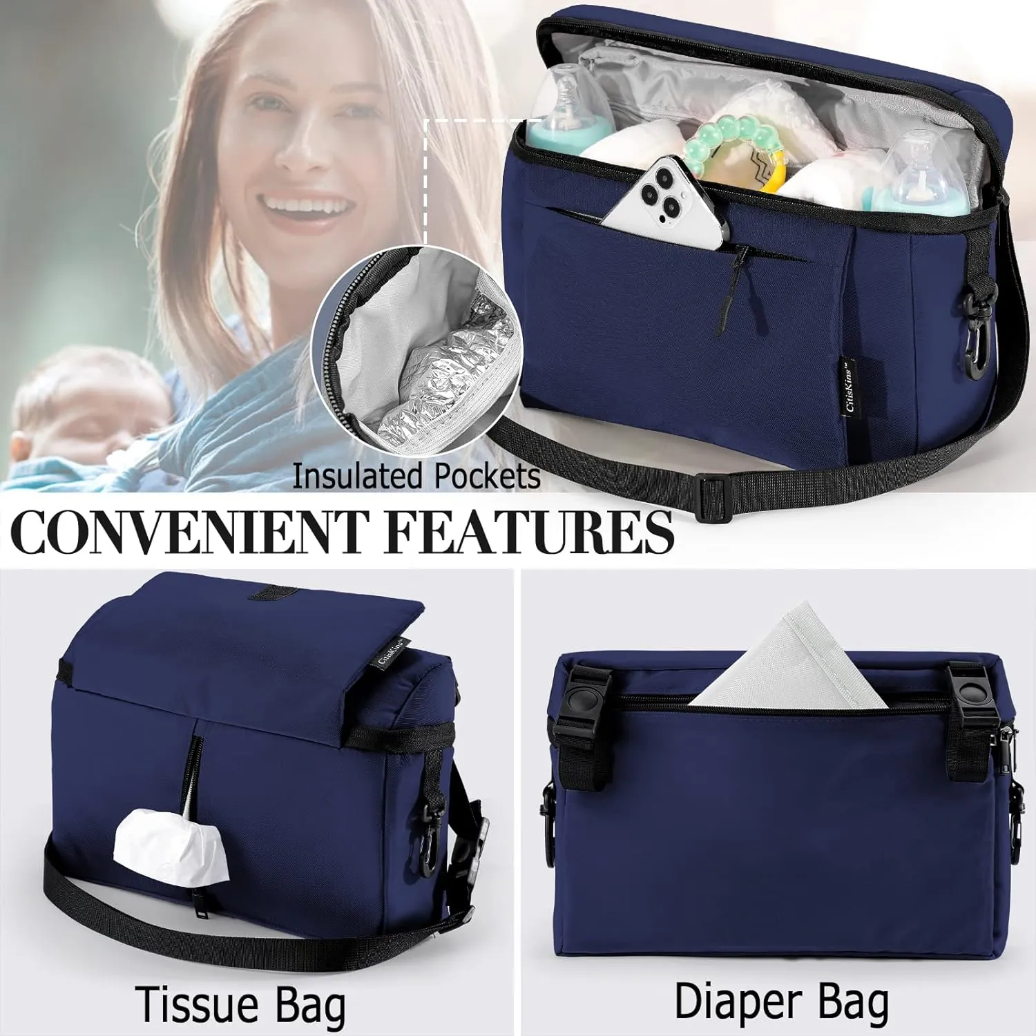Universal Baby Stroller Organizer Large Space with Insulated Cup Holder Detachable Diaper Bag Adjustable Shoulder Strap Fits All Strollers (navy)