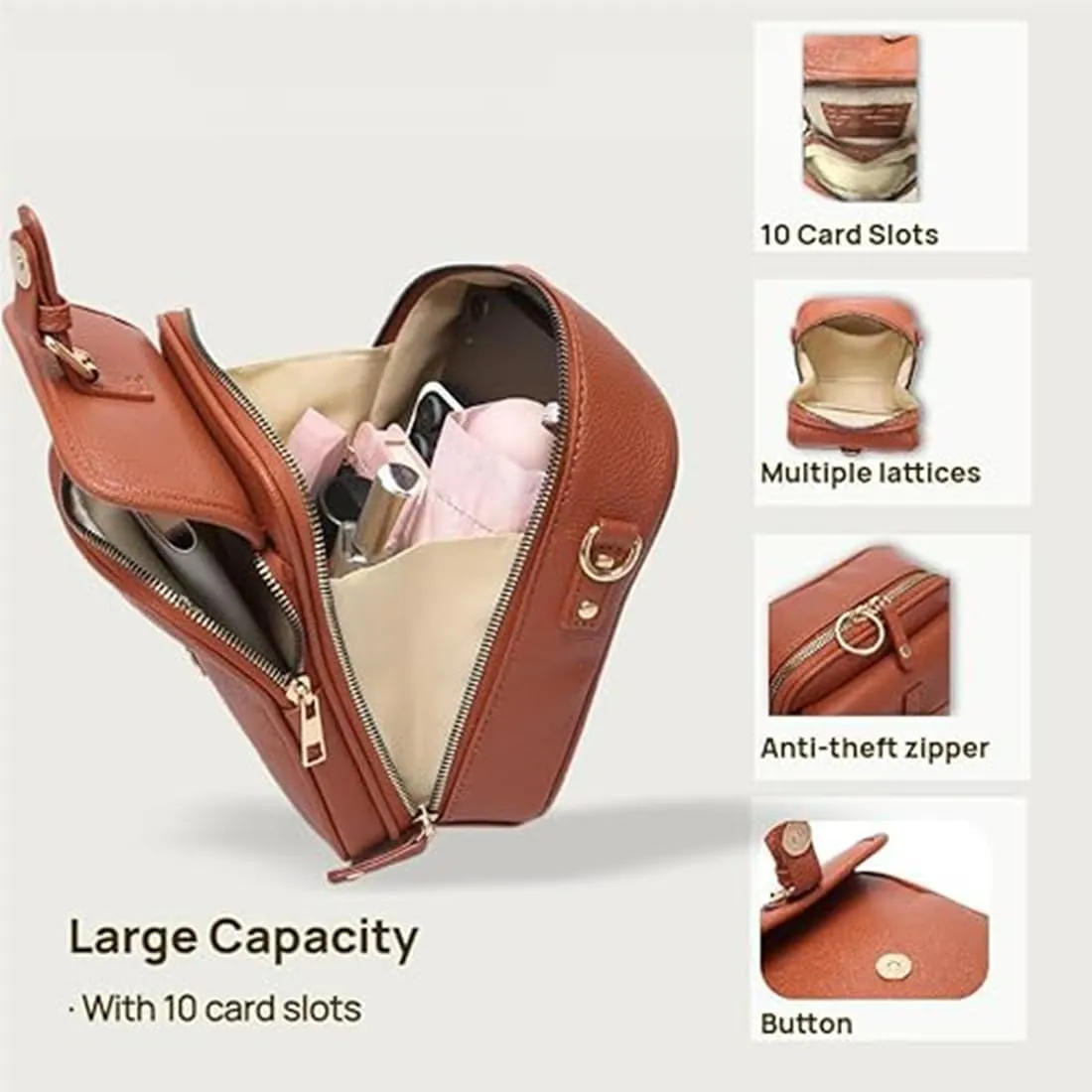 Urvashi Crossbody Leather Bag(10 ID slots   locking zipper), Keep Small Items Organized and Hands - Free When You Go