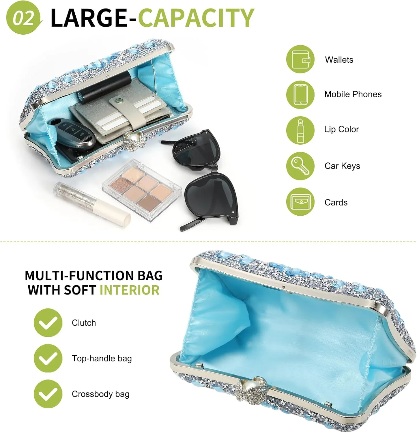 uxcell Evening Bags for Women, Sparkly Crystal Rhinestone Clutch Purse with Chain Strap Shoulder Bag for Wedding Party Evening Weekend, Light Blue