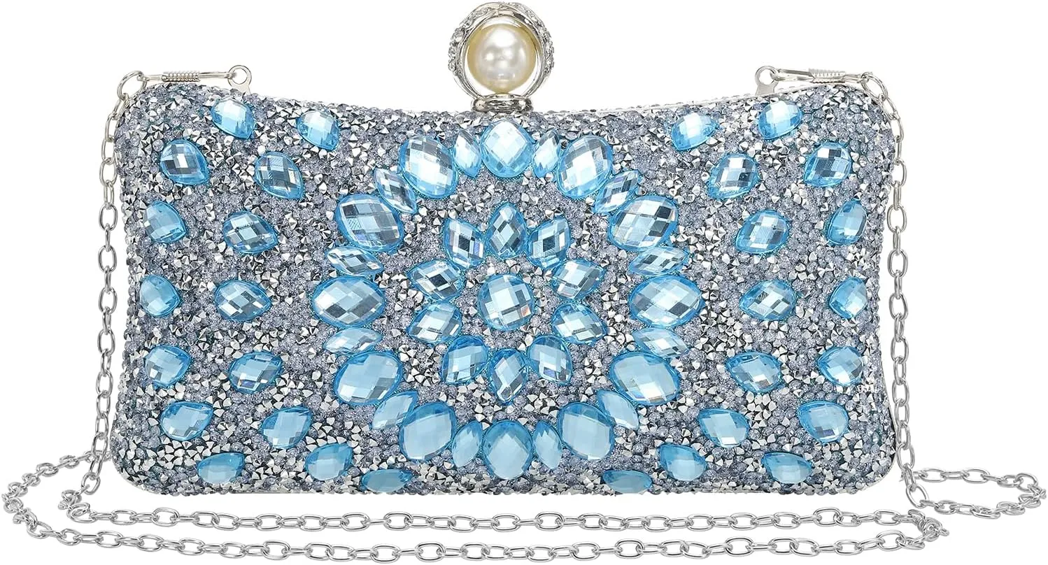 uxcell Evening Bags for Women, Sparkly Crystal Rhinestone Clutch Purse with Chain Strap Shoulder Bag for Wedding Party Evening Weekend, Light Blue