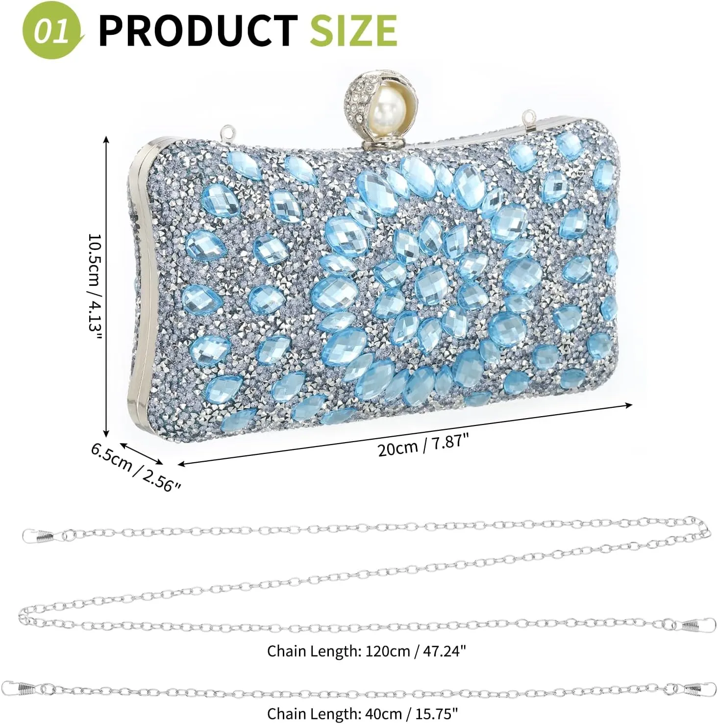 uxcell Evening Bags for Women, Sparkly Crystal Rhinestone Clutch Purse with Chain Strap Shoulder Bag for Wedding Party Evening Weekend, Light Blue