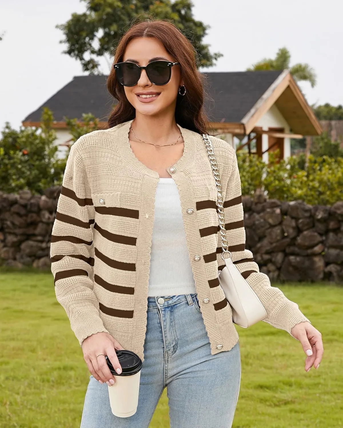 V FOR CITY Cardigan Blazers for Women Knit Tweed Jacket Winter Chunky Cardigans Button Down Sweater Coat with Pockets