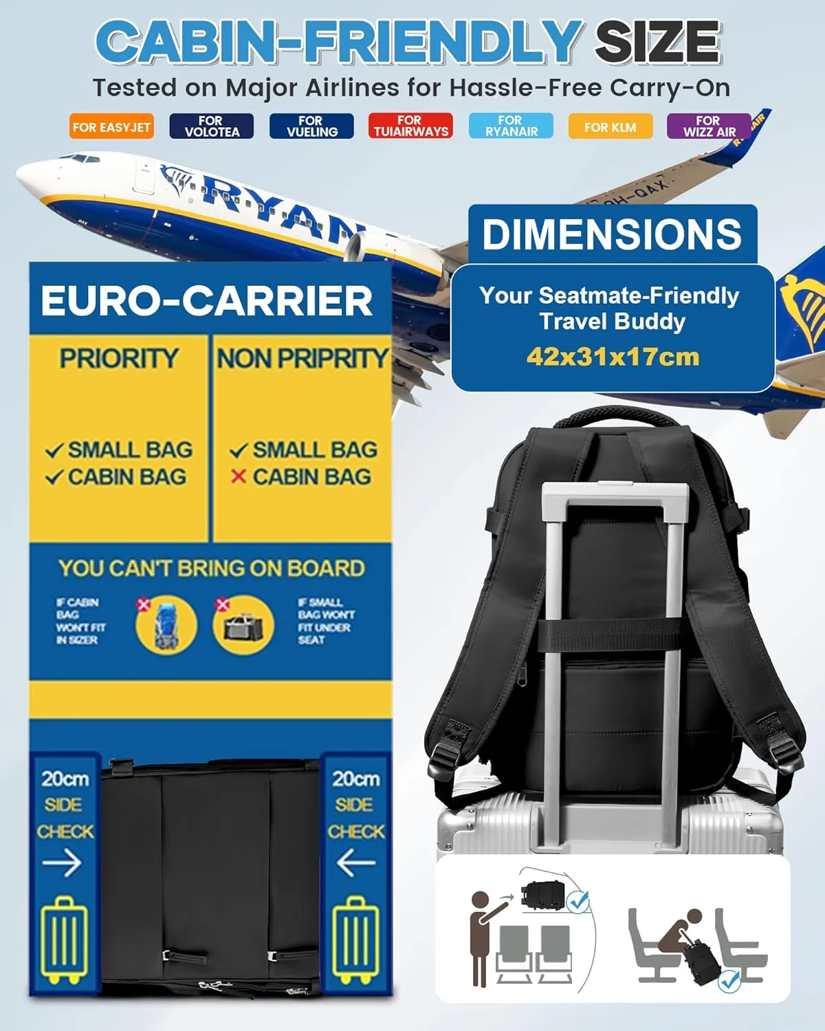 Vacuum Backpack Travel Compression Bags with Air Pump for Carry On Luggage Airback Seal Backpack for Men Waterproof 18x14x8 inches Personal Item Travel Bag with Vacuum Compression for Women - Black