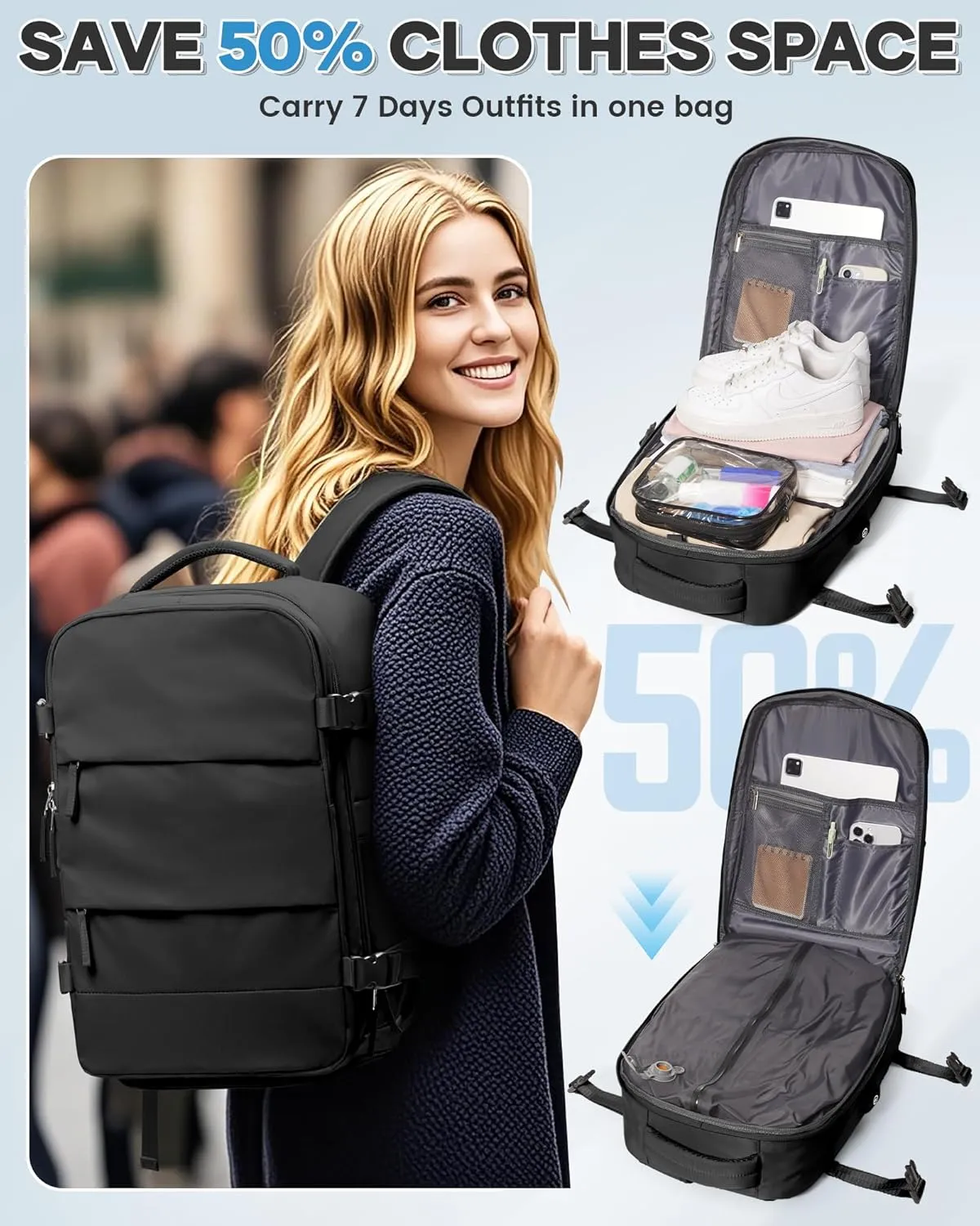Vacuum Backpack Travel Compression Bags with Air Pump for Carry On Luggage Airback Seal Backpack for Men Waterproof 18x14x8 inches Personal Item Travel Bag with Vacuum Compression for Women - Black