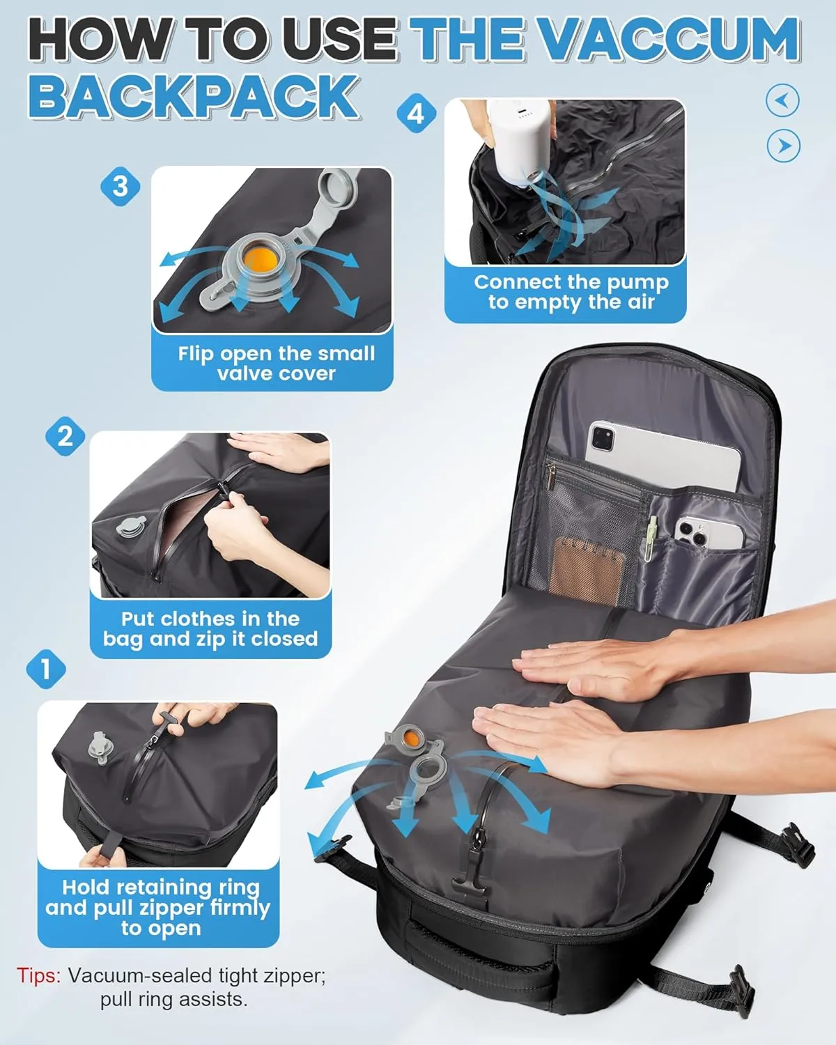 Vacuum Backpack Travel Compression Bags with Air Pump for Carry On Luggage Airback Seal Backpack for Men Waterproof 18x14x8 inches Personal Item Travel Bag with Vacuum Compression for Women - Black