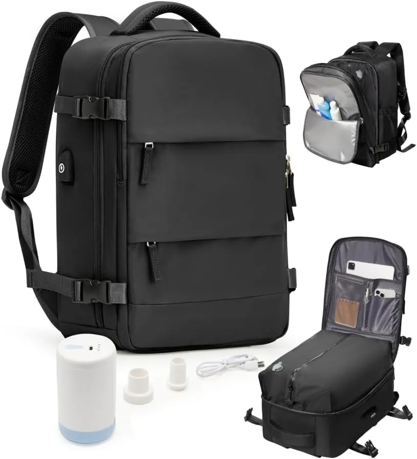 Vacuum Backpack Travel Compression Bags with Air Pump for Carry On Luggage Airback Seal Backpack for Men Waterproof 18x14x8 inches Personal Item Travel Bag with Vacuum Compression for Women - Black