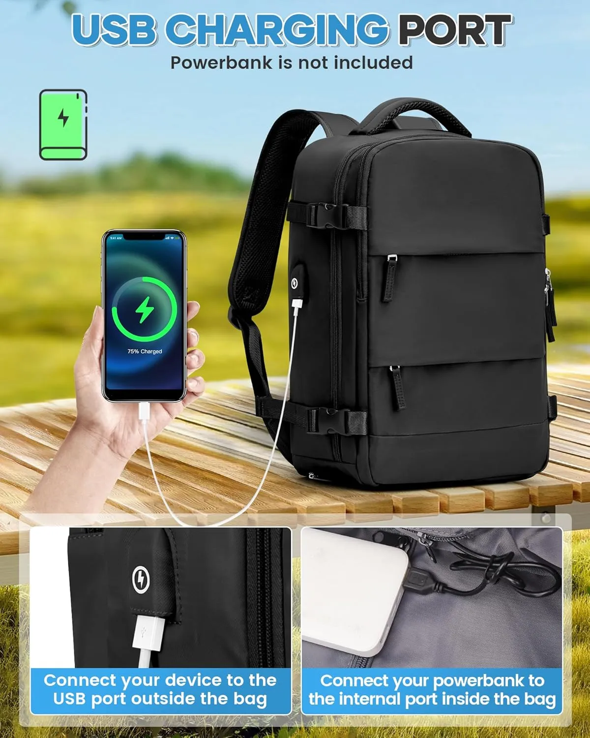 Vacuum Backpack Travel Compression Bags with Air Pump for Carry On Luggage Airback Seal Backpack for Men Waterproof 18x14x8 inches Personal Item Travel Bag with Vacuum Compression for Women - Black