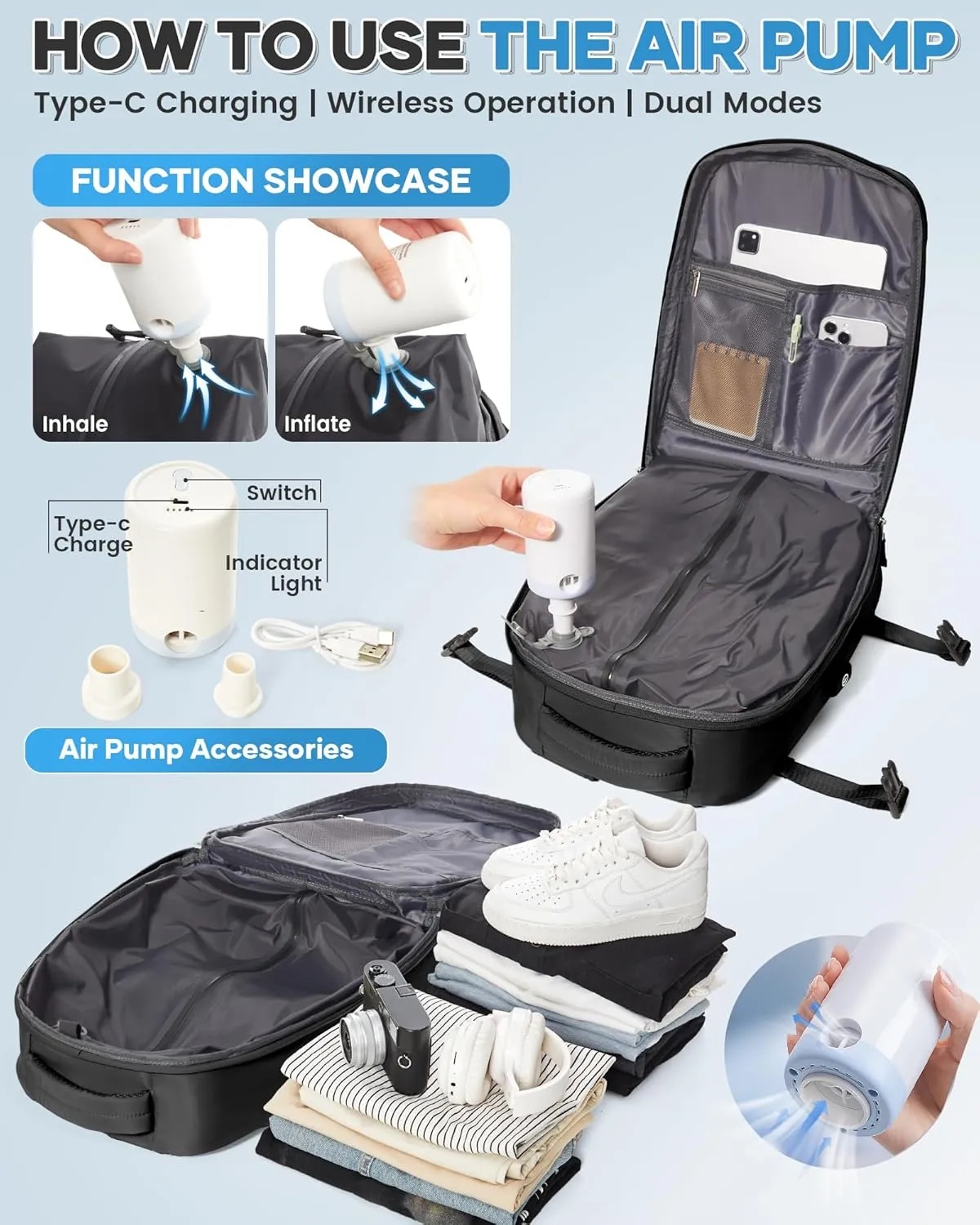 Vacuum Backpack Travel Compression Bags with Air Pump for Carry On Luggage Airback Seal Backpack for Men Waterproof 18x14x8 inches Personal Item Travel Bag with Vacuum Compression for Women - Black