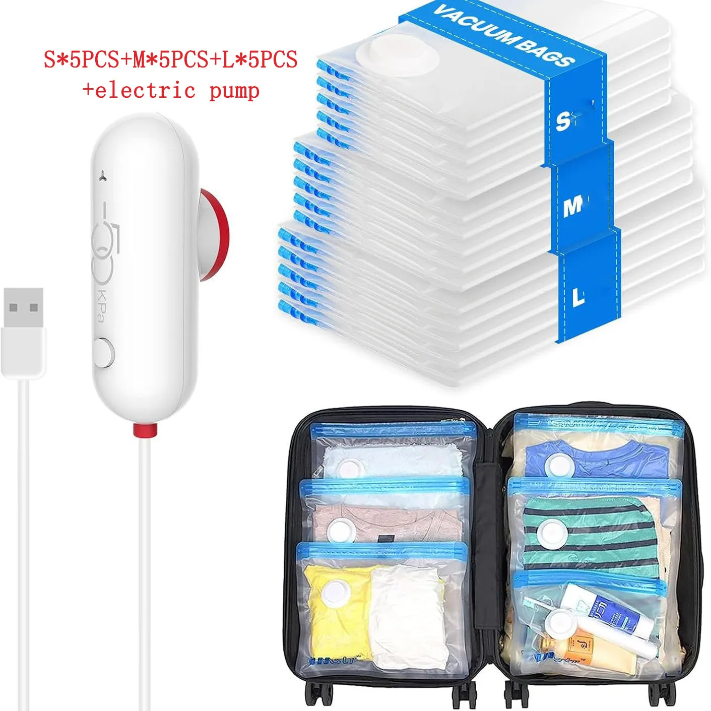Vacuum compression power pump with lightweight travel bag