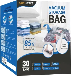 Vacuum Compression Storage Bags, Space Saver Bags, Sealer Clothes Storage, Zipper Vacuum Sealer Bags for Clothes, Comforters, Blankets, Bedding, Duvets,Travel with Hand Pump (30 PACK 6S/6M/6L/6J/6R)