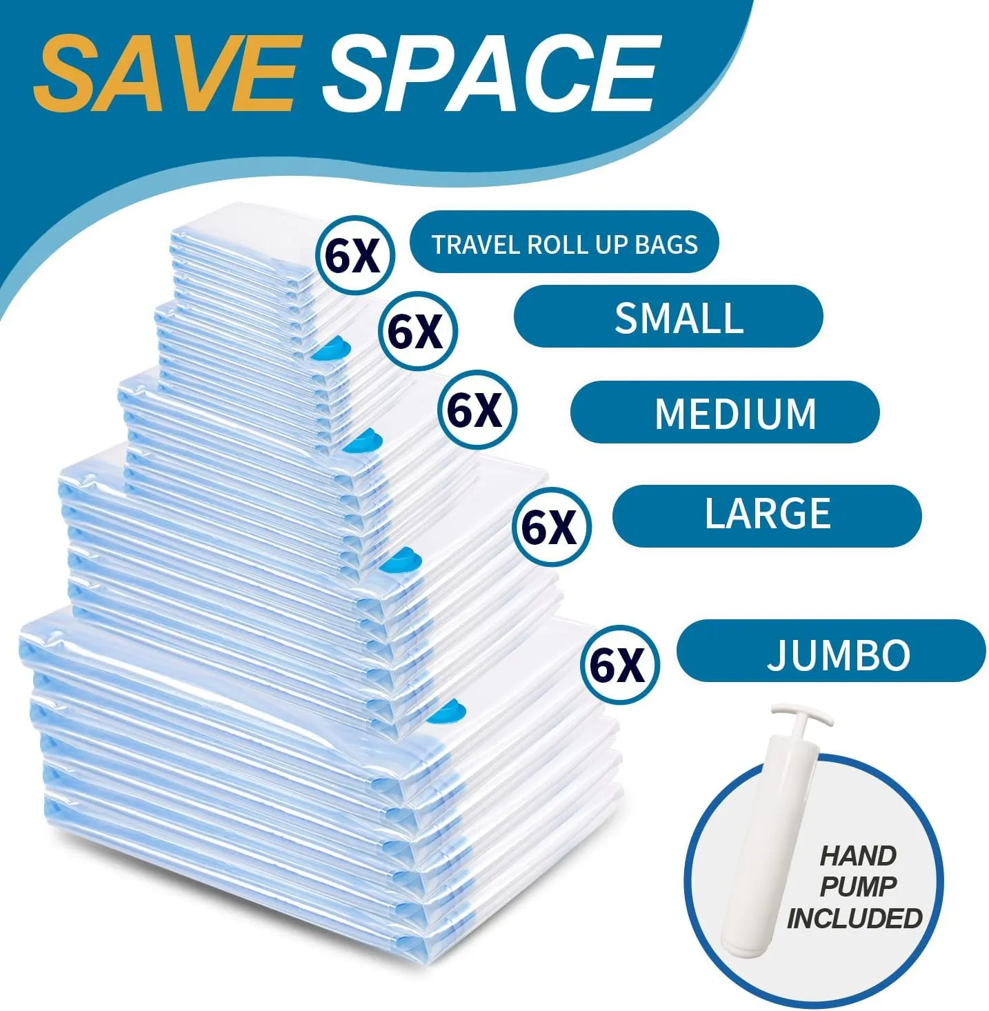 Vacuum Compression Storage Bags, Space Saver Bags, Sealer Clothes Storage, Zipper Vacuum Sealer Bags for Clothes, Comforters, Blankets, Bedding, Duvets,Travel with Hand Pump (30 PACK 6S/6M/6L/6J/6R)
