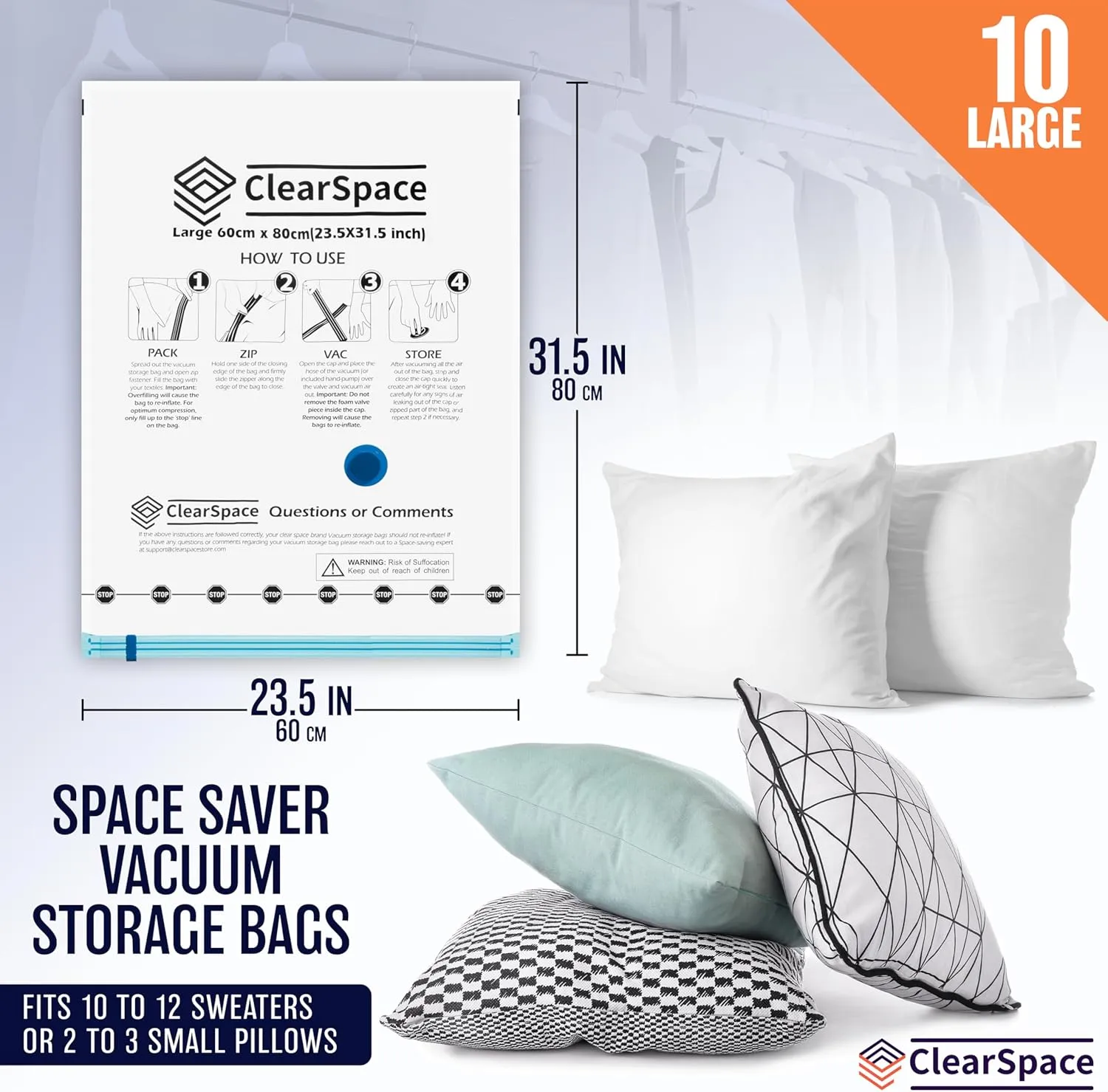 Vacuum Seal Bags for Clothing Travel, 10 Large - Space Saver Vacuum Storage Bags, Blanket & Clothes Storage Bags Vacuum Sealed – Hand Pump Included, Bolsas Para Guardar Ropa Al Vacío