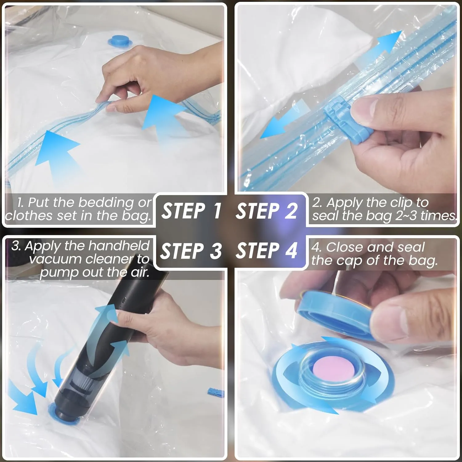 Vacuum Seal Bags with Portable VAC. (as Electric Pump) for Clothing, Travel and luggage - Space Saver Vacuum Storage Packing Bags Sealed for Clothes in Large, Jumbo etc. Size, 15 Combo