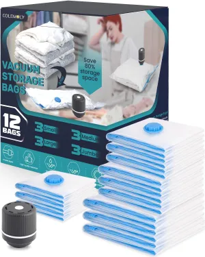 Vacuum Storage Bags 12 Pack - Vacuum Sealed Space Saver Bags for Travel with 1 Electric Pump (3 Jumbo/3 Large/3 Medium/3 Small)