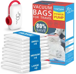 Vacuum Storage Bags for Travel, 10 Pack Vacuum Seal Bags for Clothing Travel, Vacuum Sealer Bags with High Pressure Electric Pump, Portable Space Saver Bags for Luggage Traveling