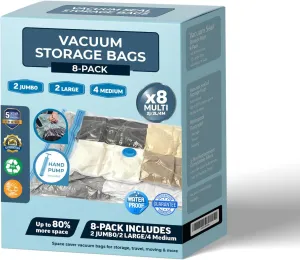Vacuum Storage Bags, Space Saver Bags 8 Pack (2 Jumbo, 2 Large, 4 Medium) Compression for Comforters and Blankets, Sealer Clothes Storage, Hand Pump Included.