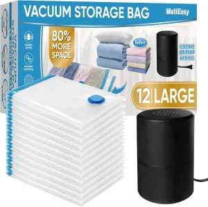 Vacuum Storage Bags with Electric Air Pump, 12 Large (33.5x21.7in), Space Saver Bags with Pump, Storage Vacuum Sealed Bags for Clothes, Comforters, Blankets, Bedding