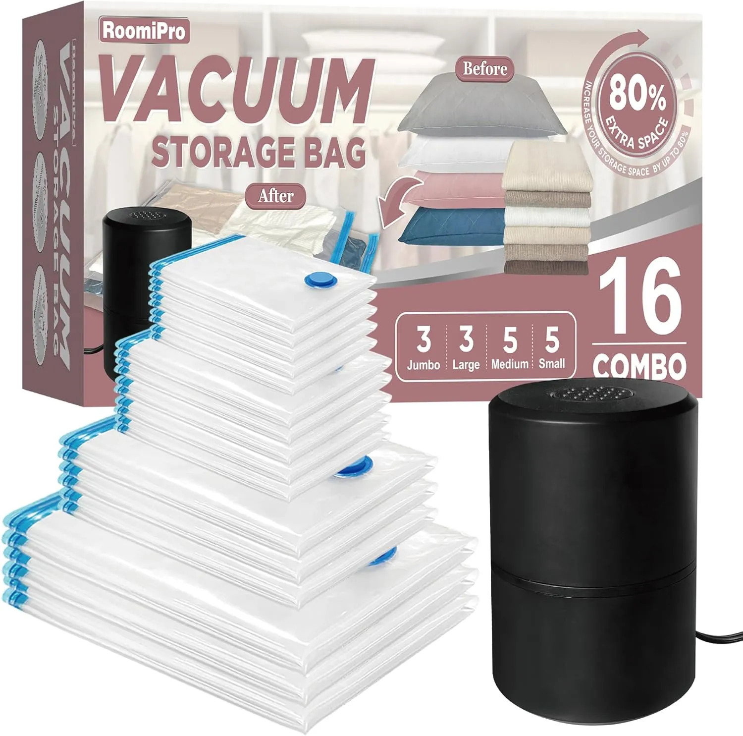 Vacuum Storage Bags with Electric Pump, 16 Pack (3 Jumbo/3 Large/5 Medium/5 Small), Space Saver Bags with Pump, Storage Vacuum Sealed Bags for Clothes, Comforters, Blankets, Bedding