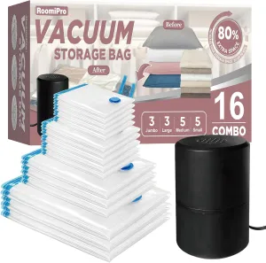 Vacuum Storage Bags with Electric Pump, 16 Pack (3 Jumbo/3 Large/5 Medium/5 Small), Space Saver Bags with Pump, Storage Vacuum Sealed Bags for Clothes, Comforters, Blankets, Bedding