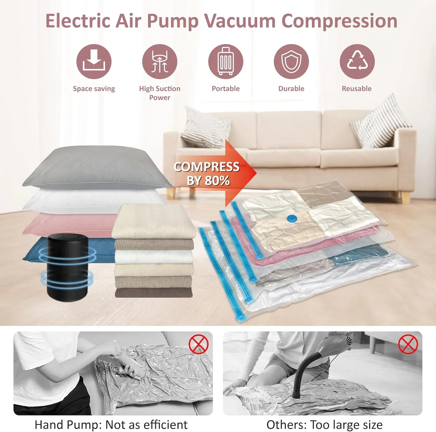 Vacuum Storage Bags with Electric Pump, 16 Pack (3 Jumbo/3 Large/5 Medium/5 Small), Space Saver Bags with Pump, Storage Vacuum Sealed Bags for Clothes, Comforters, Blankets, Bedding